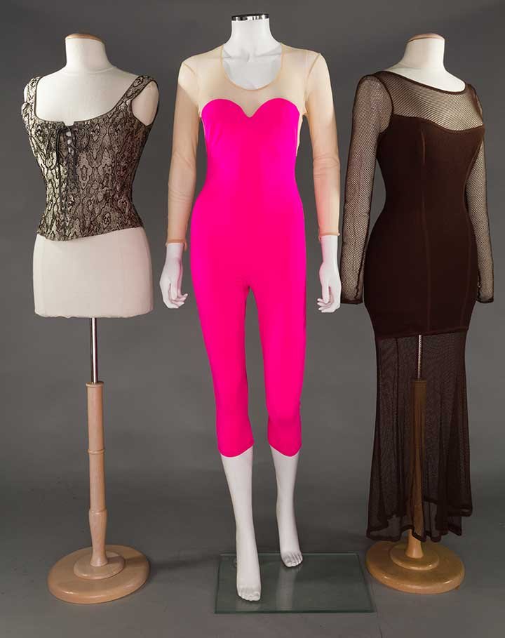 McQUEEN & LEGER GARMENTS: 1 "Harvey Leger" brown knit dress, covered w/ stretchy brown mesh, US Size XL, (1 small seam repair) very good; 2 "Alexander McQueen": 1 beaded silver & black brocade bustier, front lacing, B 34", W 2