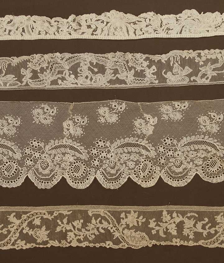 FOUR HANDMADE LACE FLOUNCES, 18TH C: 1 length 3 yards X 2" fine Brussels bobbin lace w/ need lace reseau & fillings, design of Neptune w/ trident on horse drawn chariot, a drum w/ flags, squirrels, swans & insects; 1 3" X 47" Point d' Al