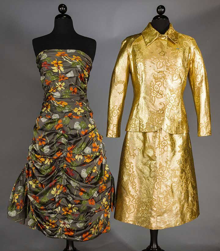 JACQUES GRIFFE & JANE BOYRIE PARTY DRESSES, 1955-1965: 1 "Jacques Griffe Paris" double weave gold lame dress & jacket, back of gold fabric w/ same pattern in green, gold & silver on black, B to 38", W 32", H 40", L 44", (tiny black thread by 1 breast); 1