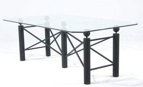STANLEY J. FRIEDMAN / BRUETON "Post and Ball" ena: STANLEY J. FRIEDMAN / BRUETON "Post and Ball" enameled steel dining table with beveled glass top. 29" x 79 1/2" x 47 1/2"