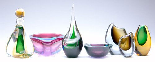 STROMBERG / HOLMEGAARD, ETC. Seven assorted somme: STROMBERG / HOLMEGAARD, ETC. Seven assorted sommerso glass pieces including two vases by Stromberg and an asymmetrical vessel by Holmegaard. A few small chips, nicks, and abrasions to two pieces. Thre