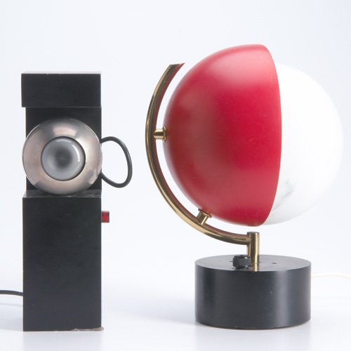 ARREDOLUCE Two lamps: Contrast mini spotlight by: ARREDOLUCE Two lamps: Contrast mini spotlight by Angelo Lelli, and desk lamp with frosted glass globe and enameled metal shade and base. Both with Arredoluce labels. Tallest: 10 1/4" x 7 1/2"