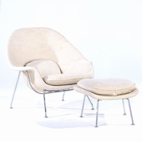 EERO SAARINEN / KNOLL Early Womb chair and ottoma: EERO SAARINEN / KNOLL Early Womb chair and ottoman upholstered in original off-white canvas. Knoll Associates label. 36" x 39" x 29"