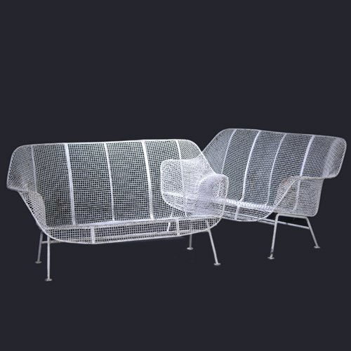 RUSSELL WOODARD Pair of white wire mesh settees: RUSSELL WOODARD Pair of white wire mesh settees. 30" x 52" x 26"