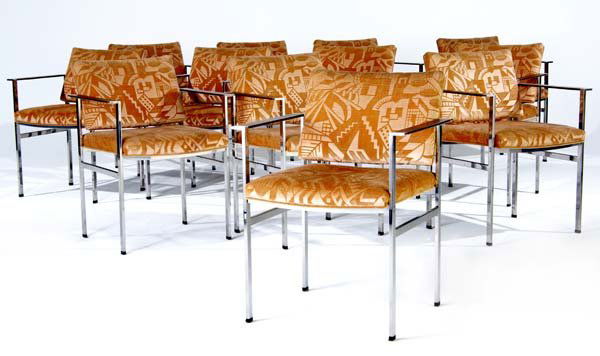 WARD BENNETT Set of twelve armchairs with steel fr: WARD BENNETT Set of twelve armchairs with steel frames, leather arm panels, adjustable backs and custom French gaufrage fabric, 1926 design. 31 1/2" x 23" x 21"