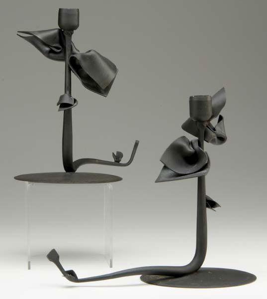 ALBERT PALEY Pair of Tuft candleholders in forged: ALBERT PALEY Pair of Tuft candleholders in forged and fabricated steel, 1993. Stamped ALBERT PALEY 1993 and numbered S-26 26. 8 1/2" x 9 1/2"