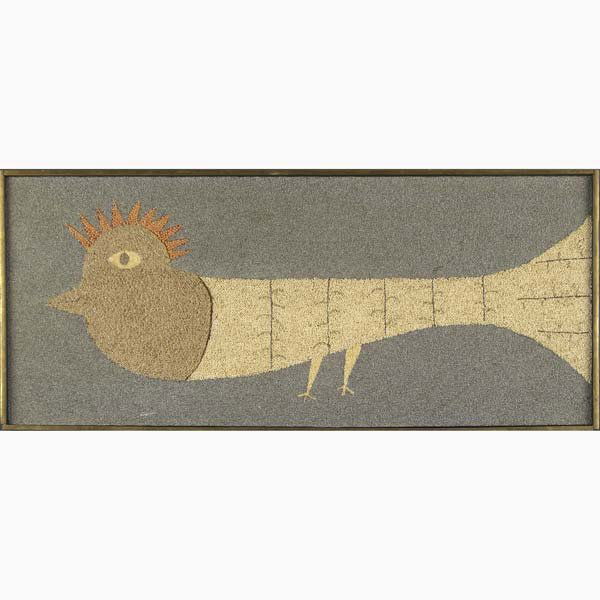 KARL MANN Two seed and grain paintings on board: KARL MANN Two seed and grain paintings on board: one of an elongated rooster, the other of a floral arrangement. Both signed Karl Mann Sept 56. 17" x 38" and 47 1/2" x 24 3/4"