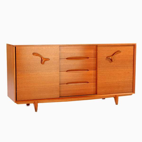 PAUL LASZLO / BROWN SALTMAN Ribbon mahogany sideb: PAUL LASZLO / BROWN SALTMAN Ribbon mahogany sideboard with four drawers, two sliding doors and four pull-out shelves. 37" x 74" x 20"