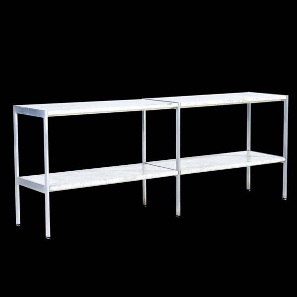 WARD BENNETT Two-tier marble console in steel fra: WARD BENNETT Two-tier marble console in steel frame. 25" x 63 1/2" x 14"