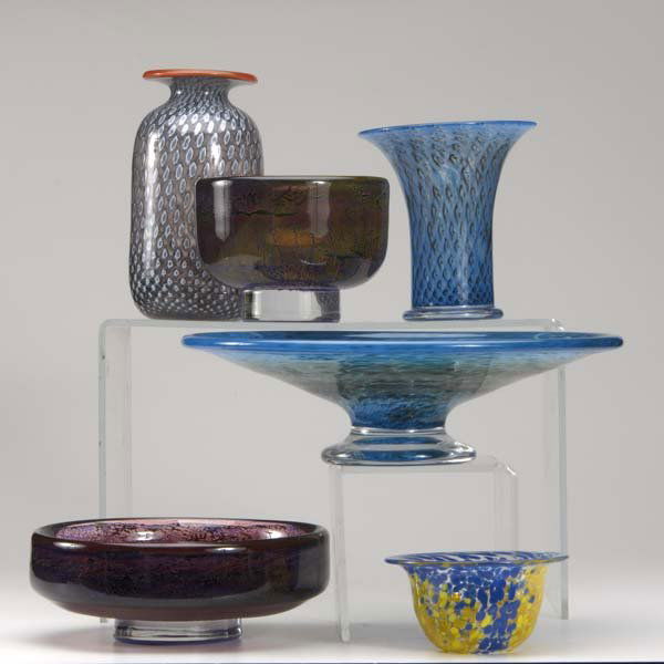 KOSTA / BODA Six glass pieces: two footed bowls b: KOSTA / BODA Six glass pieces: two footed bowls by Ann Warff with mottling and veining in rich jewel tones; and four assorted vessels by Bertil Vallien. All marked. Largest: 4" x 13" dia.