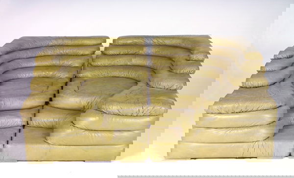 UBALD KLUG/DE SEDE "Terrazza" modular book-matched: UBALD KLUG/DE SEDE "Terrazza" modular book-matched lounge sofa with two layered elements fully-upholstered in moss green leather. (Imported by Stendig, these sofas can be used individually or in conju