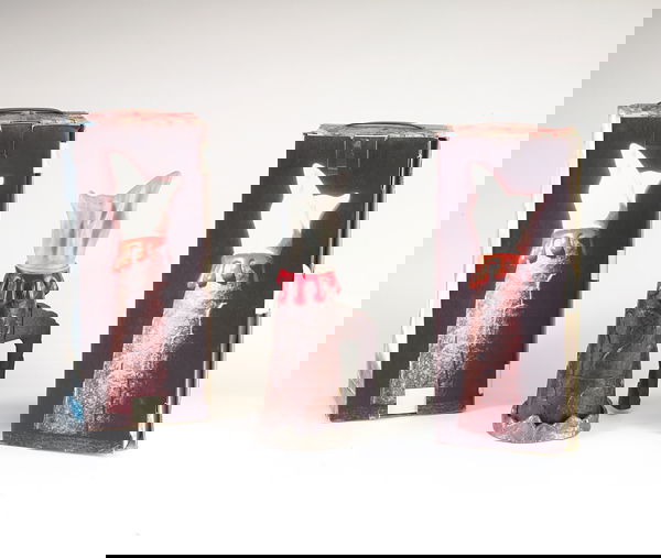 GAETANO PESCE/ZANI & ZANI Three "Vesuvio" espresso: GAETANO PESCE/ZANI & ZANI Three "Vesuvio" espresso coffee-makers of resin and enameled cast aluminum, 1988-89, in their original boxes. Damaged boxes, missing one underplate for pot. Marked on base. 1