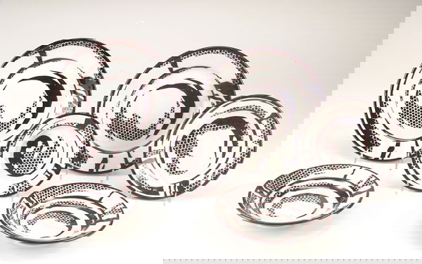 Roy Lichtenstein; Untitled; 1966; glazed ceramic;: Roy Lichtenstein; Untitled; 1966; glazed ceramic; set includes two dinner plates each 10 1/4 inches diameter; one salad plate 8 inches diameter; two soup dishes each 8 1/4 inches diameter; one bread p