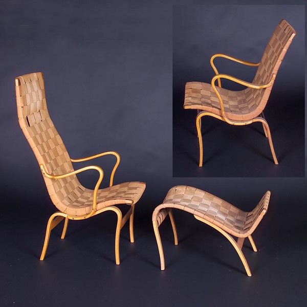 BRUNO MATHSSON/KARL MATHSSON Three pieces: tall-ba: BRUNO MATHSSON/KARL MATHSSON Three pieces: tall-back lounge chair and ottoman with foot rest, and matching armchair, each on laminated bentwood frame with webbed covering (some stains and discoloratio