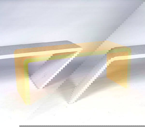 KARL SPRINGER "Waterfall" table covered in ivory-l: KARL SPRINGER "Waterfall" table covered in ivory-lacquered basketweave finish. (Purchased from the Springer showroom at the D&D Building in New York). Unmarked. 24" x 58 1/2" x 24"