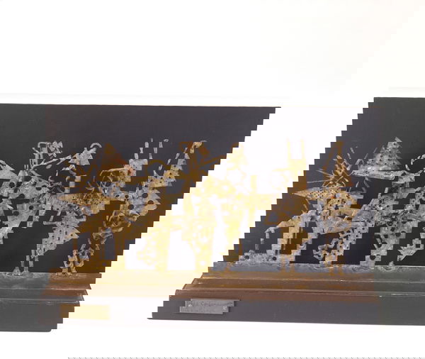 ABBOTT PATTISON Diorama sculpture, "The Conferenc: ABBOTT PATTISON Diorama sculpture, "The Conference", composed of pierced, welded and patinated metal figures arranged on an ebonized platform base. Marked with plaque inscribed "The Conference/A. Patt