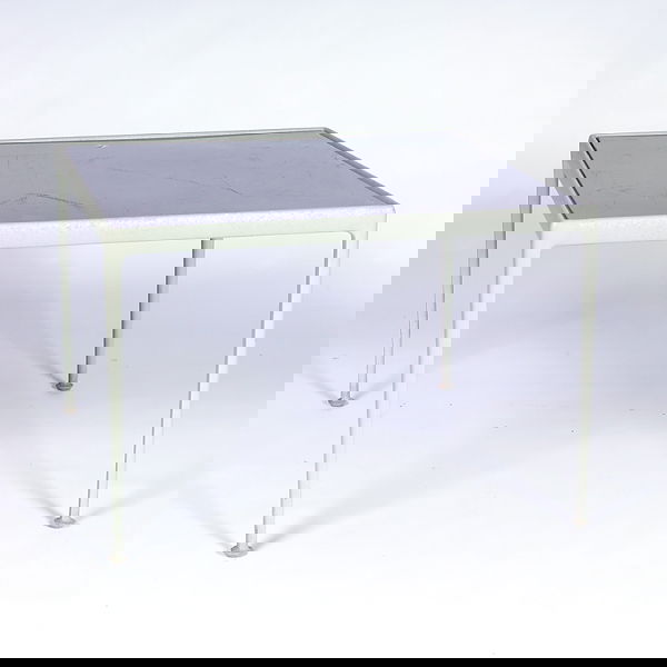 RICHARD SCHULTZ/KNOLL Enameled metal dining table: RICHARD SCHULTZ/KNOLL Enameled metal dining table with inset dark brown top on light green base. Scratches and scuffs to top. Unmarked. 26 1/2" x 38" sq.