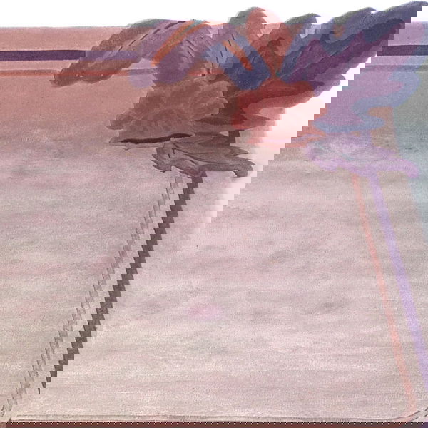 EDWARD FIELDS Wool area rug, 1991, with flower an: EDWARD FIELDS Wool area rug, 1991, with flower and leaves in one corner, in purples and browns on a mauve ground. Stamped and dated on selvage, also marked 08075. 83" sq.