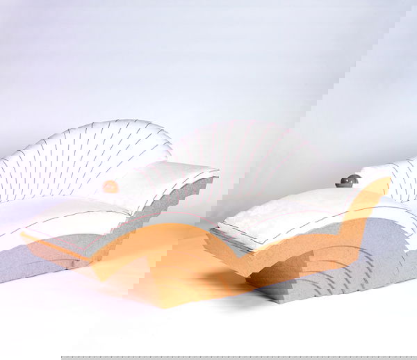 HANS HOLLEIN/POLTRONOVA Post-Modern sofa/chaise,: HANS HOLLEIN/POLTRONOVA Post-Modern sofa/chaise, c. 1981, with bird's eye maple veneer frame and white damask upholstery with cord-trimmed shell back and edges. Branded HH/Poltronova. 36" x 96" x 35 1