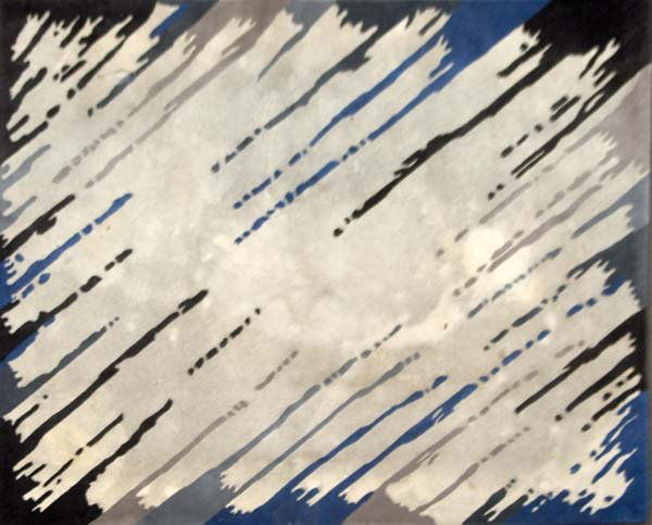 EDWARD FIELDS Rectangular wool rug with minimalist: EDWARD FIELDS Rectangular wool rug with minimalist design in blue, gray and black, 1988. Signed and dated on selvage. 107" x 81 1/2"