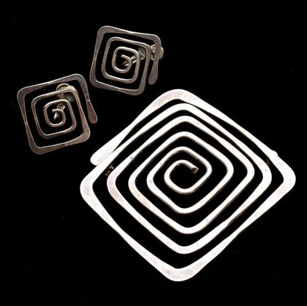 ED WEINER Abstract spiral box brooch and earrings i: ED WEINER Abstract spiral box brooch and earrings in sterling silver. Brooch stamped ED. Wiener, all stamped sterling. Brooch: 2 1/2", earrings: 1 1/8"