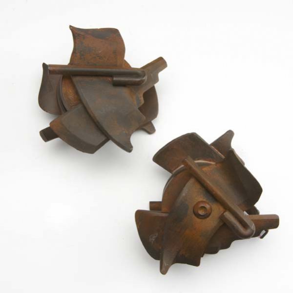 ALBERT PALEY Pair of small steel door handles cov: ALBERT PALEY Pair of small steel door handles covered in rust patina. 4 1/2" x 4 1/2"