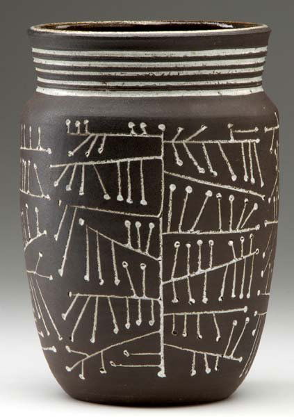 F. CARLTON BALL / AARON BOHROD Stoneware vessel wi: F. CARLTON BALL / AARON BOHROD Stoneware vessel with scraffito decoration on brown ground. 7 1/2" x 5"