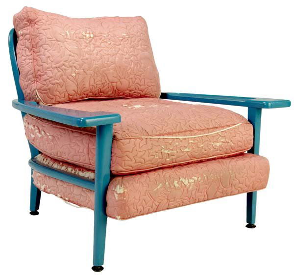 PAUL LASZLO Lounge chair with lacquered turquoise: PAUL LASZLO Lounge chair with lacquered turquoise finish and quilted pink silk upholstery. (Provenance: Hudspeth Estate, Prineville, OR.) 31" x 35 1/2" x 32"