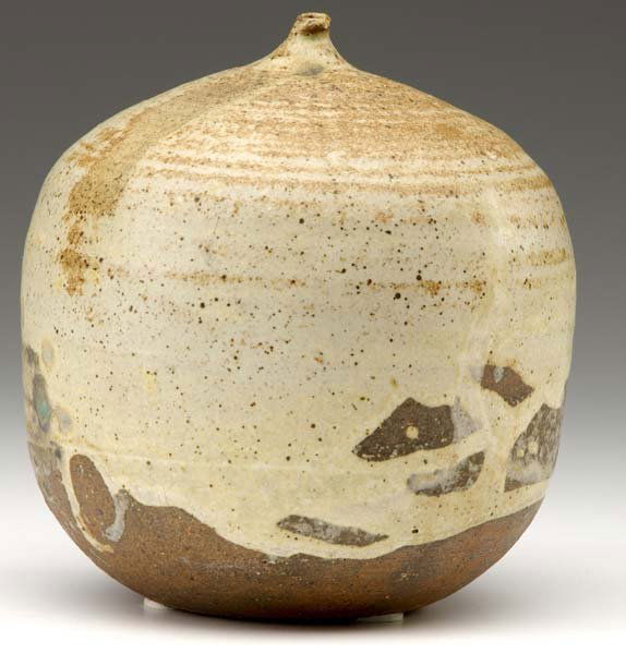 TOSHIKO TAKAEZU Stoneware moonpot covered in gray: TOSHIKO TAKAEZU Stoneware moonpot covered in gray and brown matte glazes. Signed N.TT. 5 3/4" x 5"