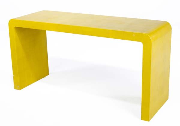 KARL SPRINGER Waterfall console table entirely cov: KARL SPRINGER Waterfall console table entirely covered in yellow snakeskin. Karl Springer Ltd. tag. 30 1/2" x 60" x 20"