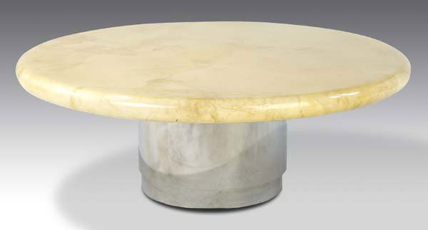 KARL SPRINGER Rare adjustable-height, remote-contr: KARL SPRINGER Rare adjustable-height, remote-controlled coffee/dining table with lacquered goatskin top on drum-shaped chrome base. Karl Springer metal tag. 20"-27" x 53 1/2" dia