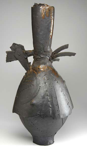 DON REITZ Large hand-built stoneware vessel with t: DON REITZ Large hand-built stoneware vessel with tortured surface covered in bronzed glaze, 1989. (Provenance: Carl M. Allen.) Signed Reitz. 41 1/2" x 21"