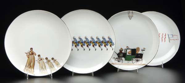 HOWARD KOTTLER Four transfer-decorated china plate: HOWARD KOTTLER Four transfer-decorated china plates. (Accompanied by a copy of "The Decal Plates of Howard Kottler," by Vicki Halter, Tacoma Art Museum, 2004.) Stamped HOWARD KOTTLER, with Kottler 800