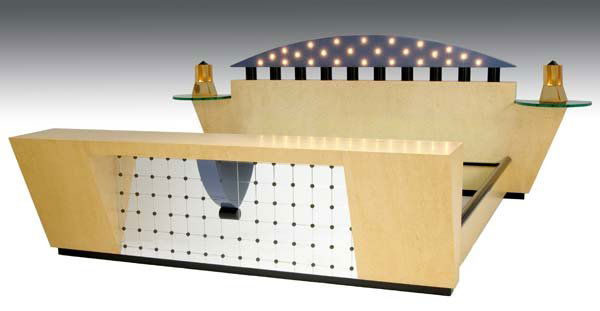 MICHAEL GRAVES / MEMPHIS Important Stanhope maple: MICHAEL GRAVES / MEMPHIS Important Stanhope maple root king-size bed with lavender and black enamel finish, featuring two integrated and illuminated night tables, an arched top accented with small low