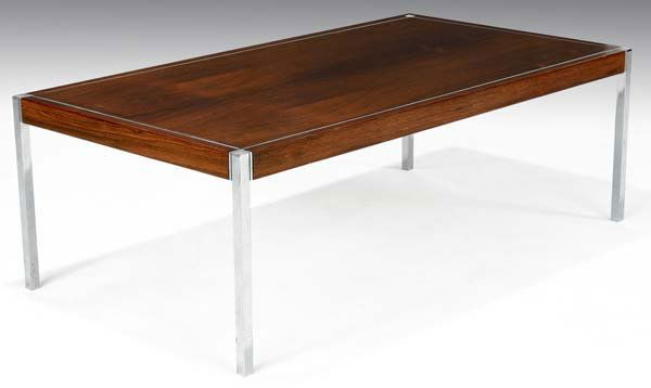 RICHARD SCHULTZ / KNOLL Rosewood coffee table with: RICHARD SCHULTZ / KNOLL Rosewood coffee table with polished chrome legs. 16" x 48" x 26"