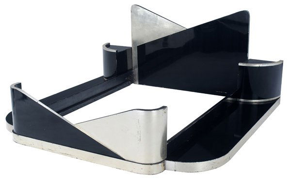 PAUL POIRET Art Deco three-quarter-size bed in blac: PAUL POIRET Art Deco three-quarter-size bed in black laquer and silver leaf finish, with two matching side tables. 36 1/2" x 82" x 78", interior width: 51 1/2"