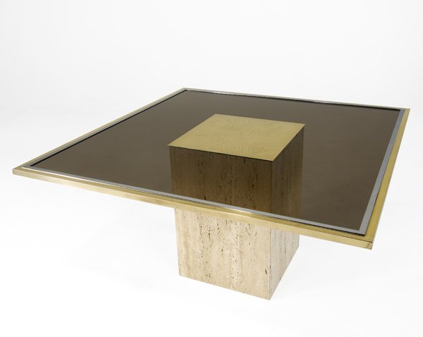 ROGER VANHEVEL Dining Table with brass and chrome-: ROGER VANHEVEL Dining Table with brass and chrome-framed smoked glass top over travertine base with etched brass center panel. Signed. 27 3/4" 54 3/4"