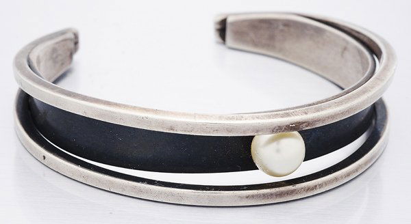 ED WIENER Parcel patinated silver and pearl cuff,: ED WIENER Parcel patinated silver and pearl cuff, ca. 1957. (Illustrated: 'Jewelry by Ed Wiener', Brown & Brown, p. 68.)