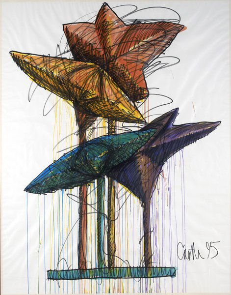 WENDELL CASTLE Monumental framed study for lightin: WENDELL CASTLE Monumental framed study for lighting fixture, gouache and marker on paper, 1995. Signed Castle 95. 88" x 69"