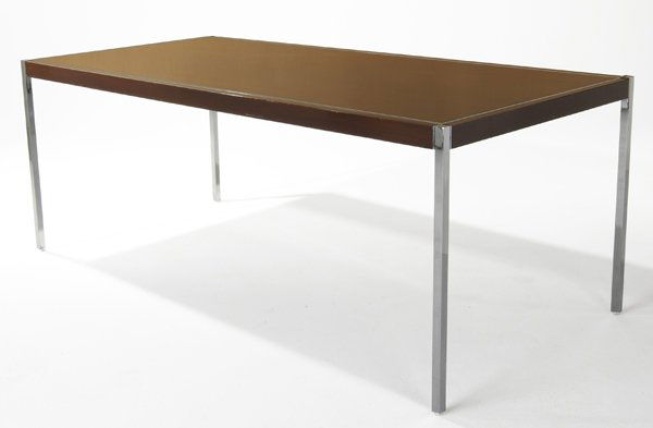 RICHARD SCHULTZ / KNOLL Dining or conference table: RICHARD SCHULTZ / KNOLL Dining or conference table, its rectangular rosewood top inlaid with chrome. 29" x 36" x 76"