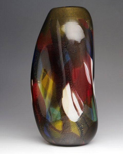 ANSOLO FUGA / AVEM Polychrome glass vase with dimp: ANSOLO FUGA / AVEM Polychrome glass vase with dimpled body and gold foil inclusions. 20" x 10"