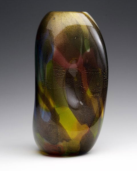 ANSOLO FUGA / AVEM Polychrome glass vase with dimp: ANSOLO FUGA / AVEM Polychrome glass vase with dimpled body and gold foil inclusions. 14" x 7"