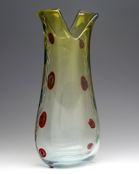 ANSOLO FUGA / AVEM Tall glass vase with bifurcated: ANSOLO FUGA / AVEM Tall glass vase with bifurcated rim, decorated with red and black murrines. 16 3/4" x 7"
