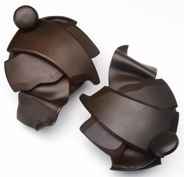 ALBERT PALEY Pair of prototype door handles: ALBERT PALEY Pair of prototype door handles of forged and formed steel with natural patina. (Provenance: Peter Joseph Collection.) 7" x 5 1/2" x 3 3/4"