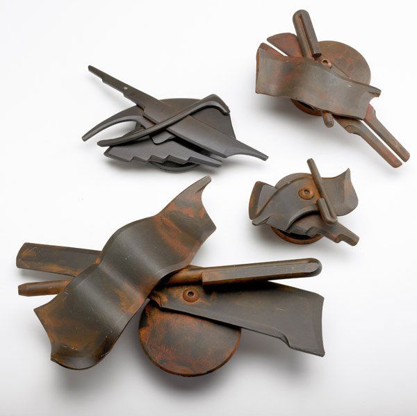 ALBERT PALEY Three forged steel door handles: ALBERT PALEY Three forged and formed steel door handles, along with paperweight. Paperweight stamped PALEY and dated 1994. 11" x 9", 8" x 5", 2 1/4" x 4 1/4" and 5" x 8"