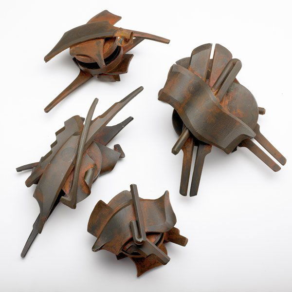 ALBERT PALEY Four forged door handles: ALBERT PALEY Four forged and formed steel double-sided door handles. Approx. 9" x 5 1/2", 7 1/2" x 7 1/2", 7" x 4" and 5" x 4 1/4"