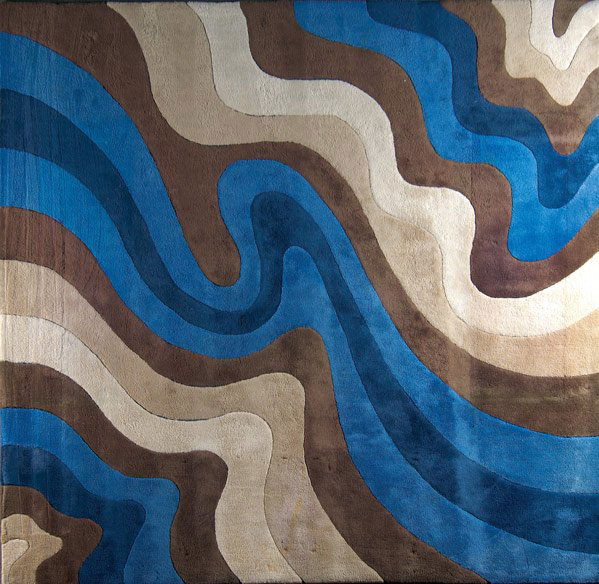 EDWARD FIELDS Large wool rug with psychedelic patt: EDWARD FIELDS Large wool rug with psychedelic pattern in shades of blue and brown. Stamped Edward Fields. 164" sq.