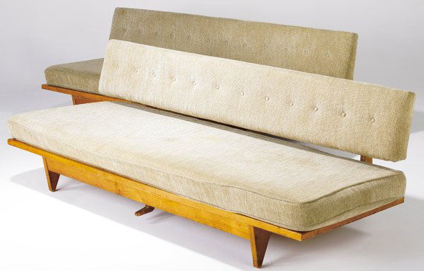 RICHARD STEIN / KNOLL Pair of daybeds with retract: RICHARD STEIN / KNOLL Pair of daybeds with retractable backrests, the tan chenille cushions on laminate wood frames. Each: 27" x 76" x 36"