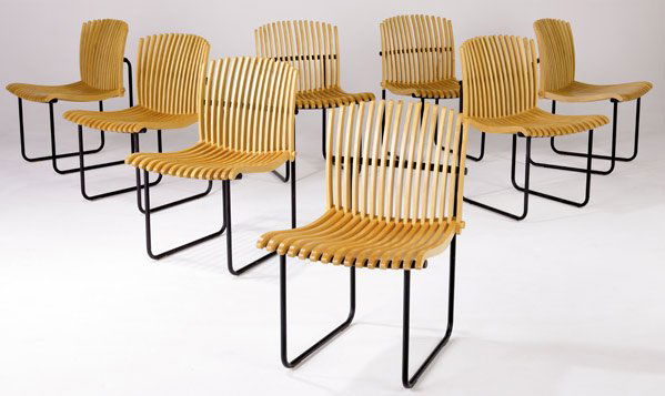 RICHARD SCHULTZ Rare set of eight slatted chairs: RICHARD SCHULTZ Rare set of eight slatted pine chairs on black metal frames. (This set was produced, mostly by hand, in very limited numbers.) 32" x 19" x 23"