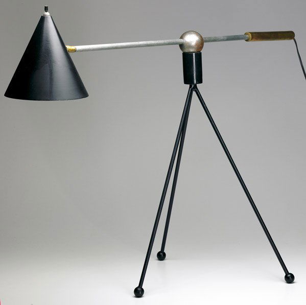 GILBERT WATROUS / HEIFETZ Large table lamp with: GILBERT WATROUS / HEIFETZ Large table lamp with conical black enameled metal shade on steel shaft with spherical adjusting mechanism and brass handle, on tripod base. Approx: 32: x 32"